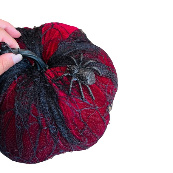 NWT Dark Red Velvet Spiderweb Lace Glitter Embellished Halloween Decor Pumpkin - Picture 9 of 15